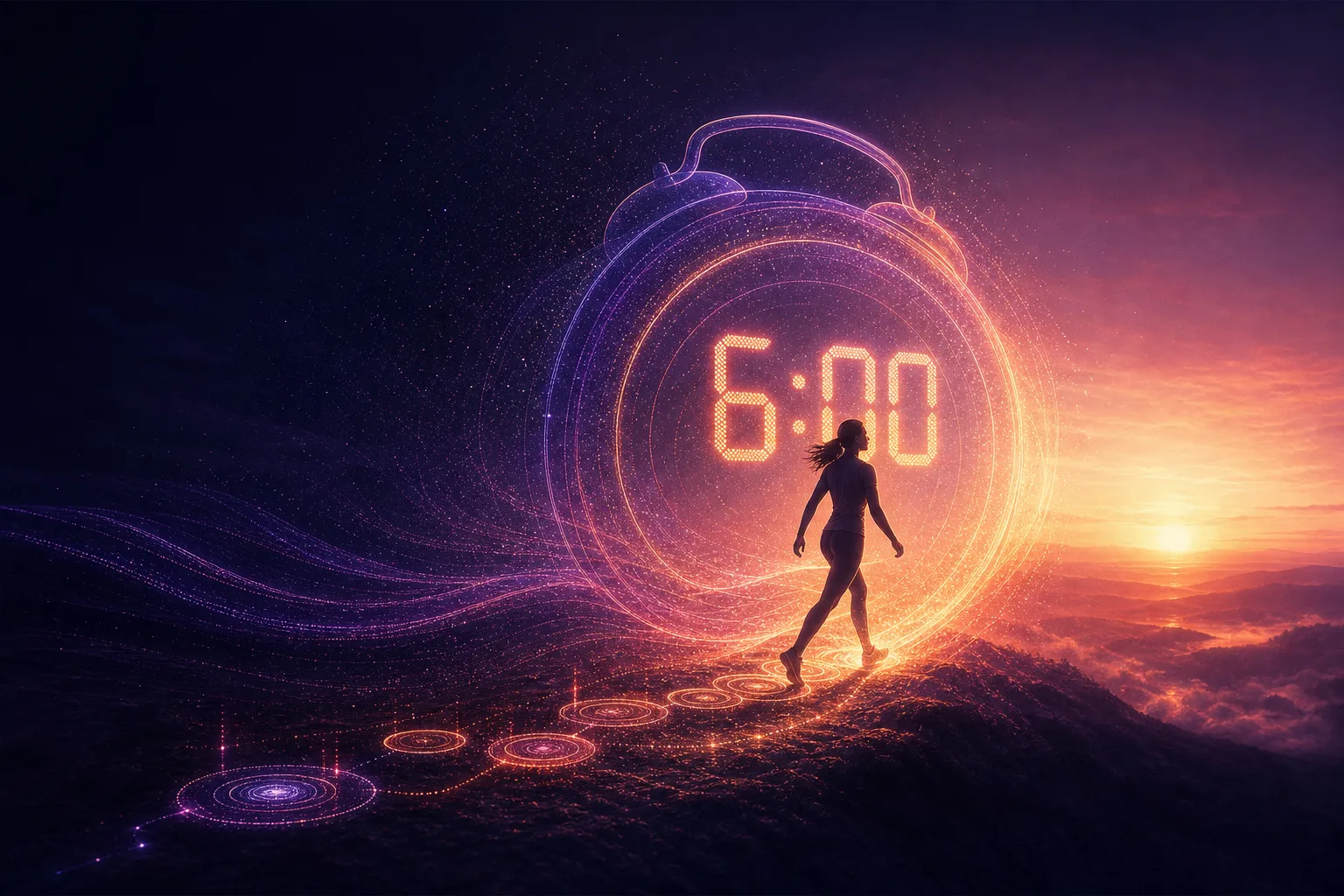 A person steps through a luminous 6:00 alarm from night into sunrise