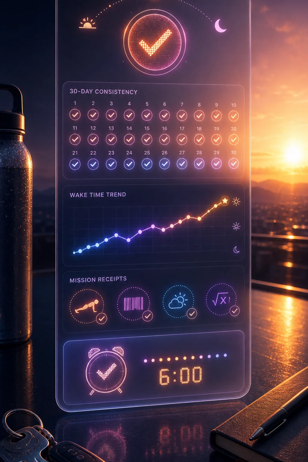 A luminous morning consistency board tracks completed wake-ups and mission proof