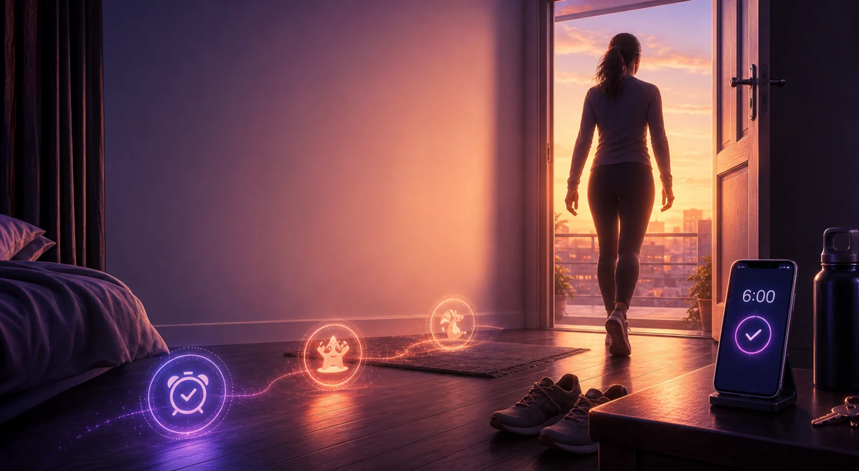 A person leaves the bedroom at sunrise after completing a 6:00 wake-up