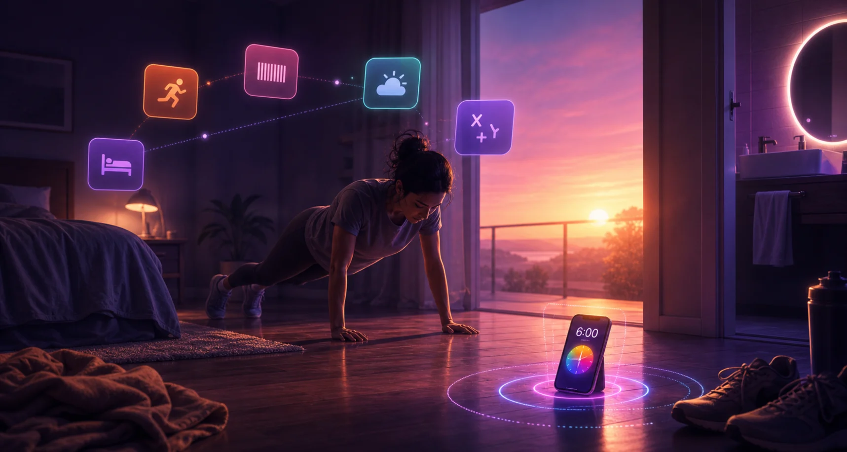 A person completing a wake-up mission while the alarm waits for proof across the room