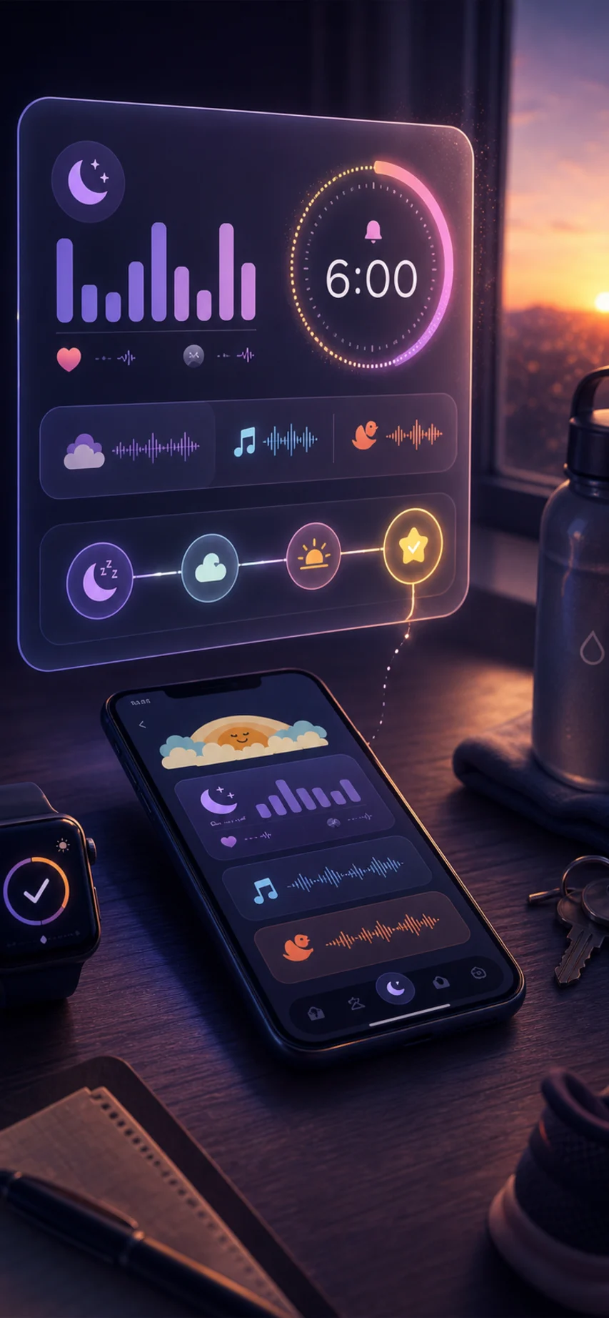 A night-to-morning wake plan connects sleep cues with a 6:00 alarm