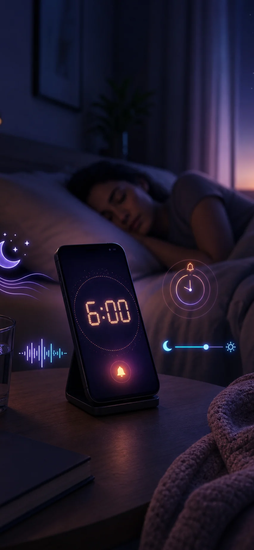 A sleeping person rests beside a softly glowing 6:00 night alarm